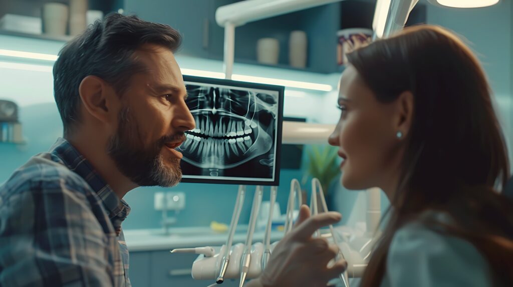 Patient discussing Invisalign treatment with a dentist while reviewing a dental X-ray.
