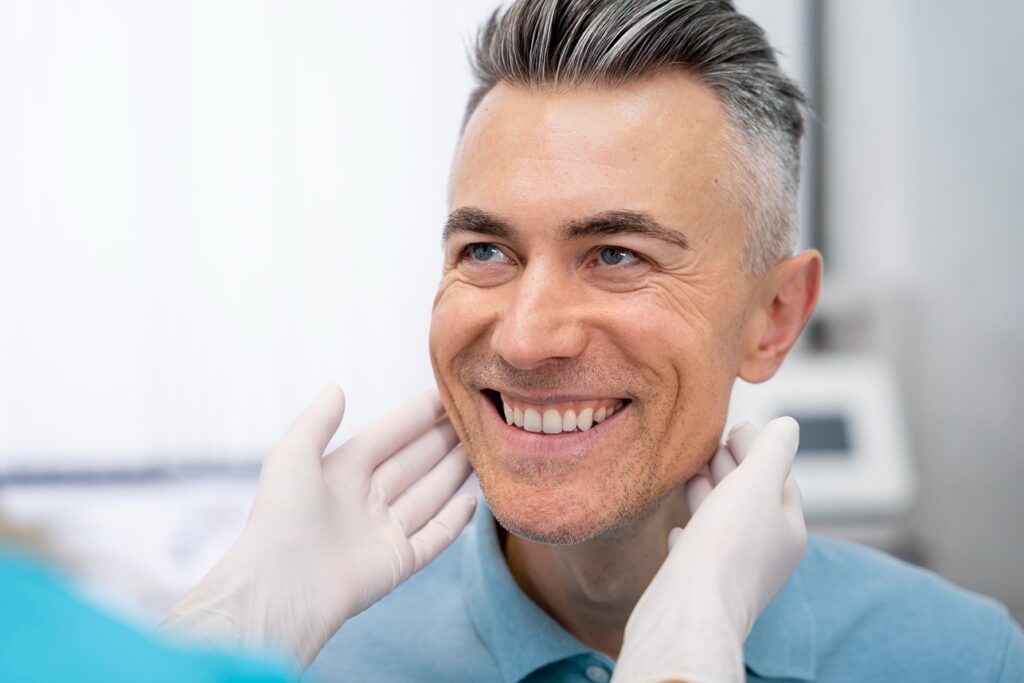 Smiling man showing bright, white teeth after a teeth whitening treatment.